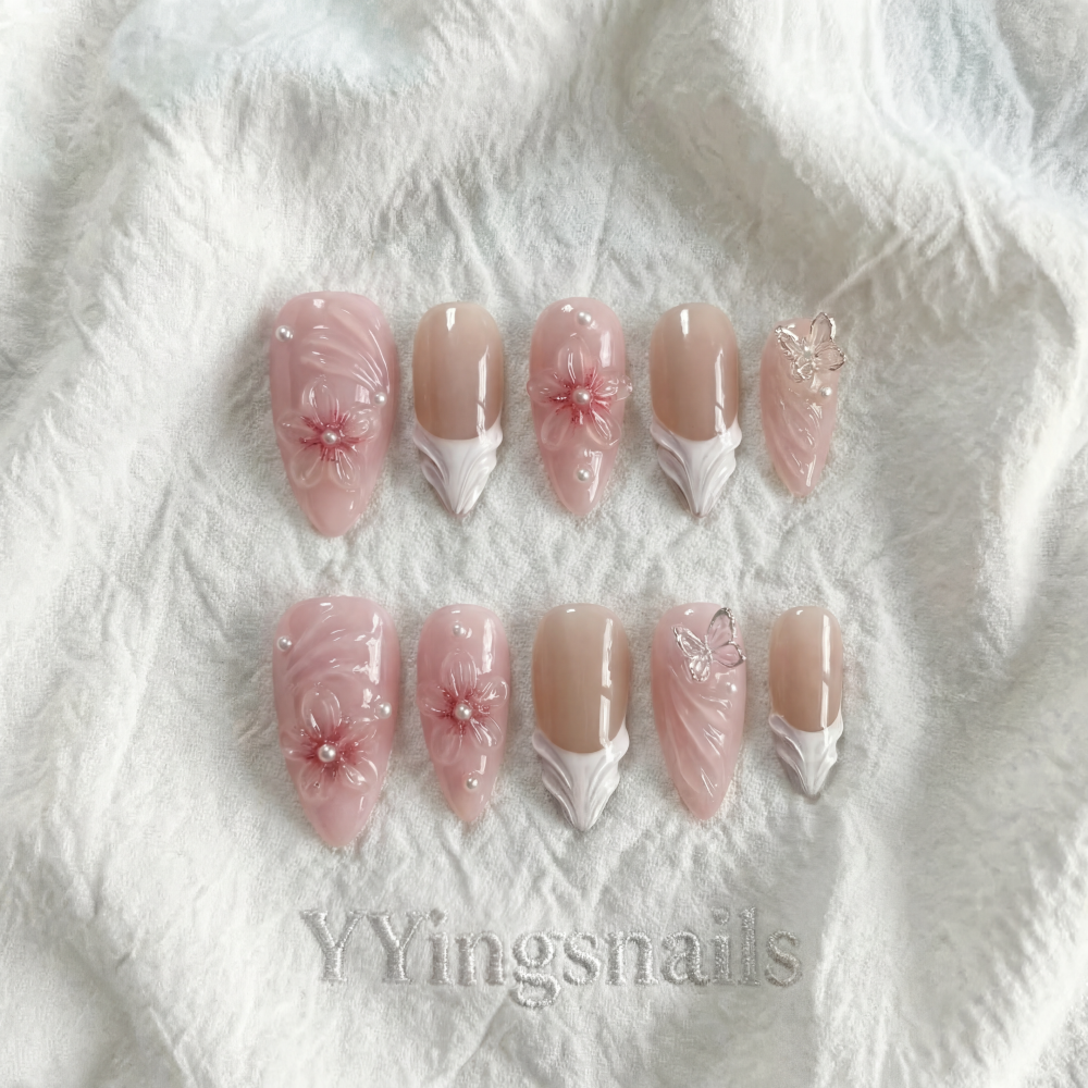 Butterfly Garden press-on nails – pastel floral spring nail art by YYingsnails