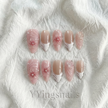 Butterfly Garden press-on nails – pastel floral spring nail art by YYingsnails