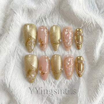 Champagne Shell Whisper Press On Nails – Pearl Shimmer Fake Nails S/M with Glue