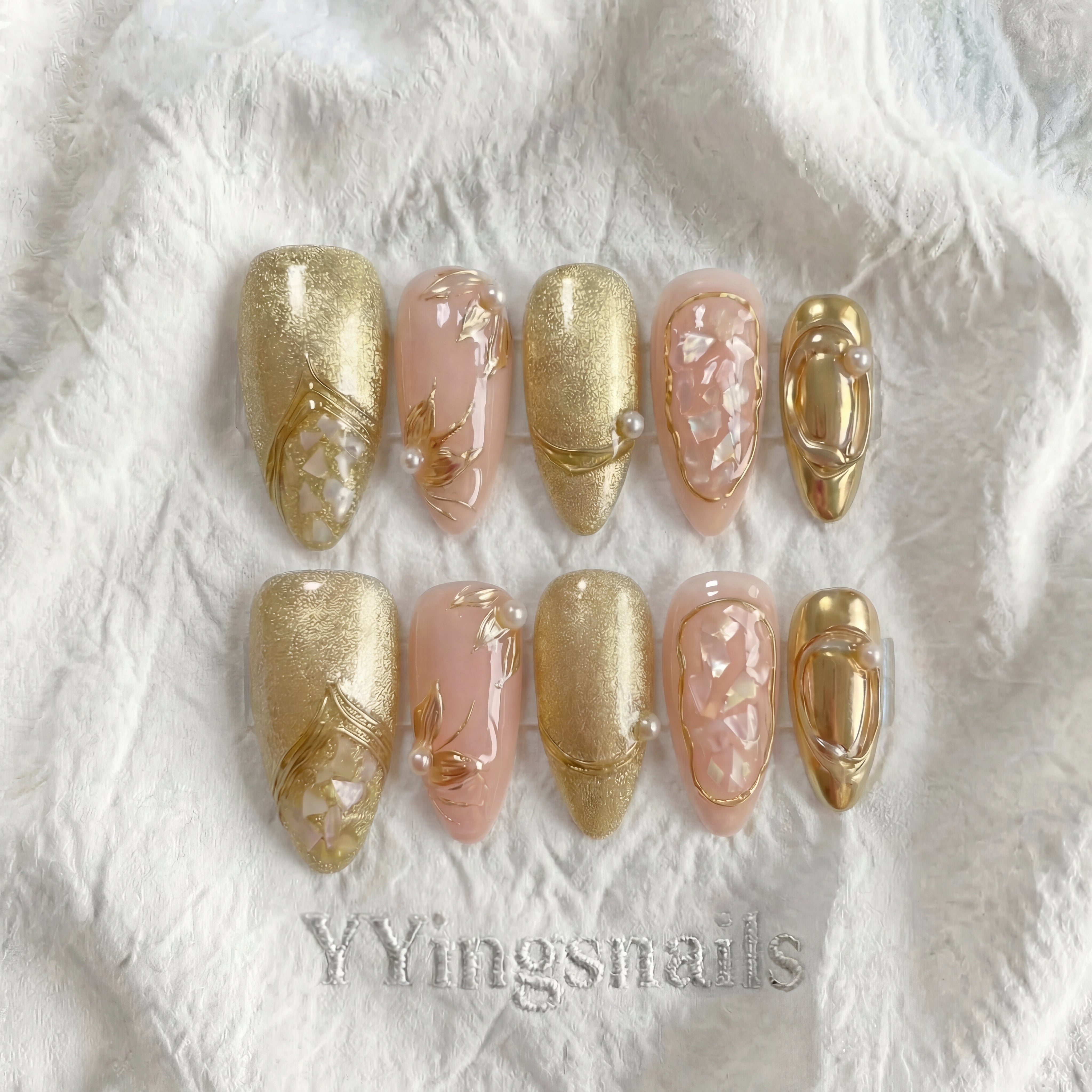 Champagne Shell Whisper Press On Nails – Pearl Shimmer Fake Nails S/M with Glue