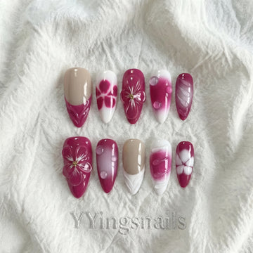Crimson Dew Blossom Press On Nails – Red Floral Fake Nails S/M with Glue