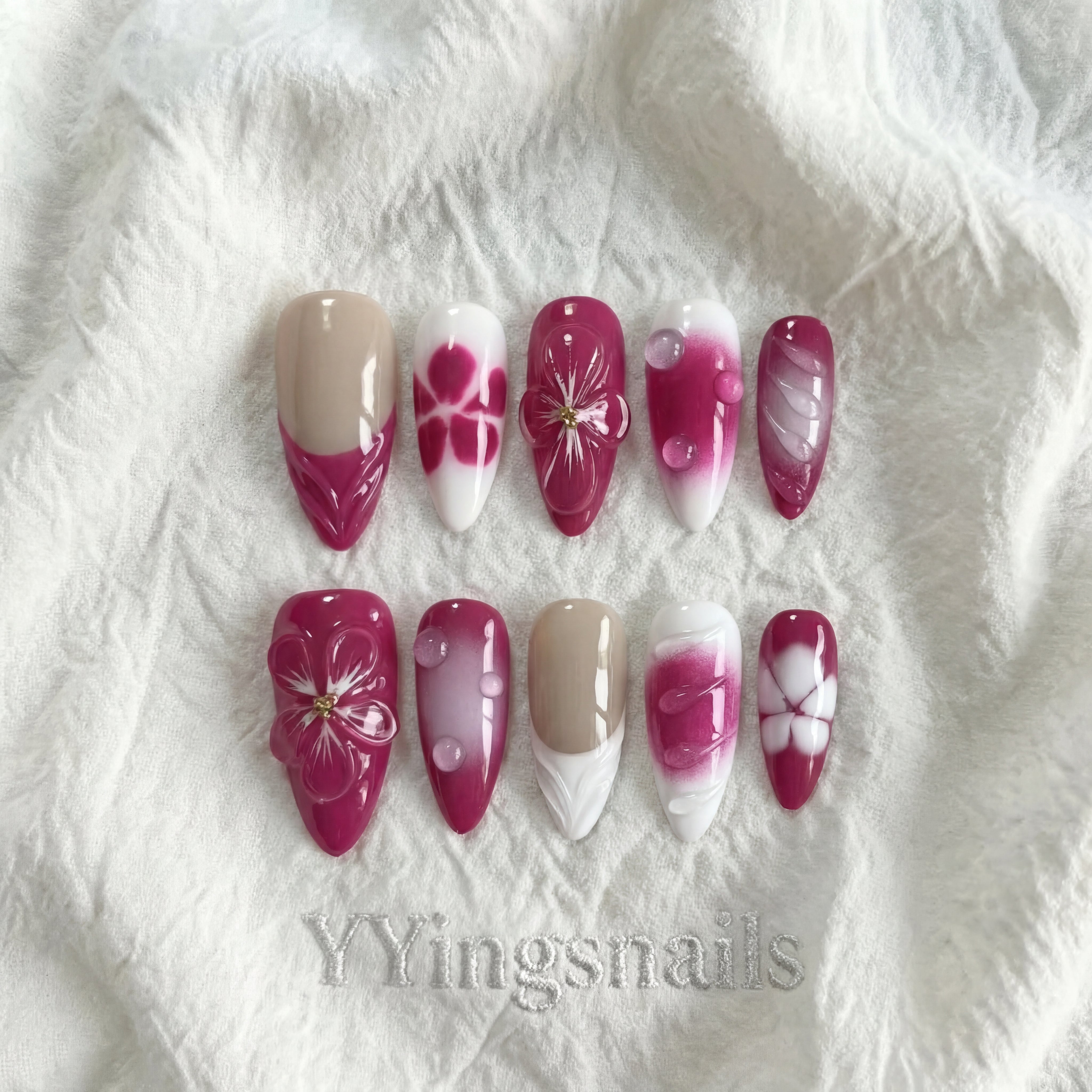 Crimson Dew Blossom Press On Nails – Red Floral Fake Nails S/M with Glue