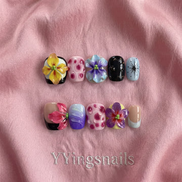 Glazed Garden Press On Nails – Glossy Floral Fake Nails S/M with Glue
