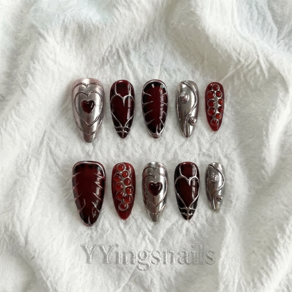 Metallic Rosé press-on nails – rose gold metallic shimmer nail art by YYingsnails

