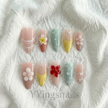 Morning Dew Garden press-on nails – sheer floral shimmer nail art by YYingsnails