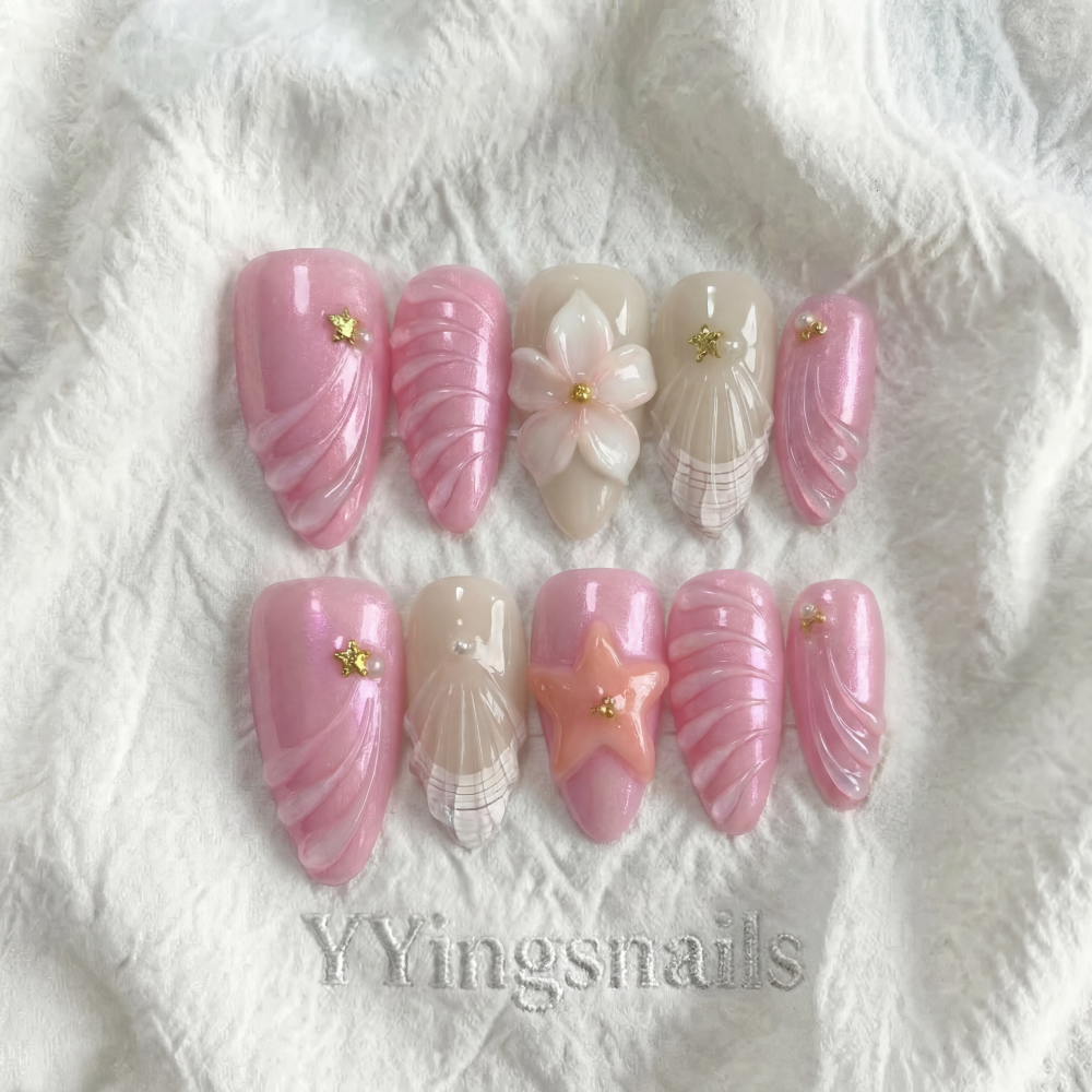 Pink Sand Bloom press-on nails – rosy shimmer sunset nail art by YYingsnails