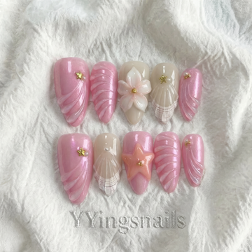 Pink Sand Bloom press-on nails – rosy shimmer sunset nail art by YYingsnails