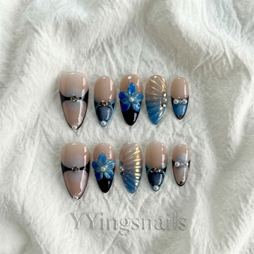 Sapphire Blossom press-on nails – deep blue floral nail art by YYingsnails