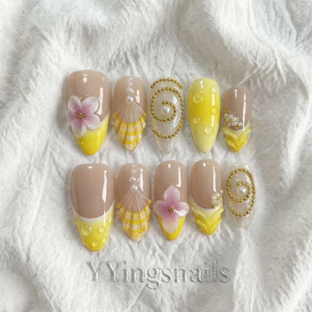 Shell & Bloom Whisper press-on nails – pearl floral shimmer nail art by YYingsnails