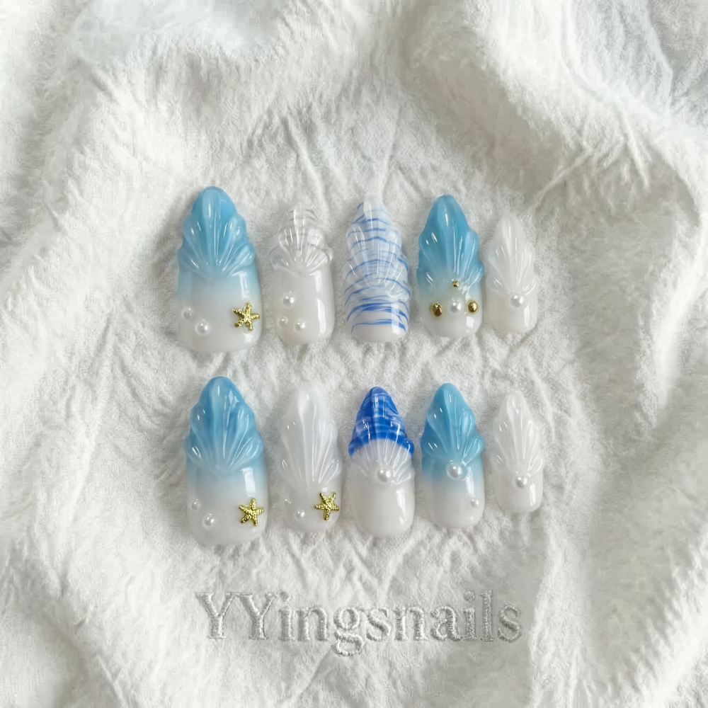 Starfish Story press-on nails – glitter ocean-inspired nail art by YYingsnails