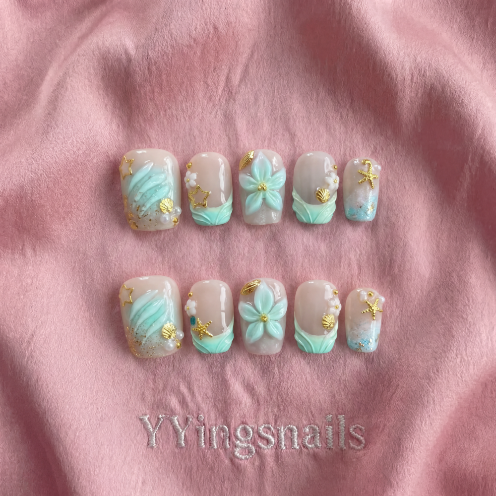 Tidal Whisper press-on nails – ocean blue shimmer nail art by YYingsnails