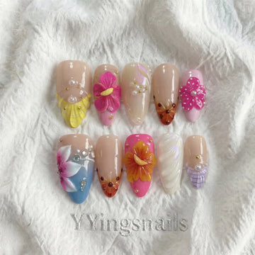 Tropical Blossom Press On Nails – Vibrant Floral Fake Nails S/M with Glue